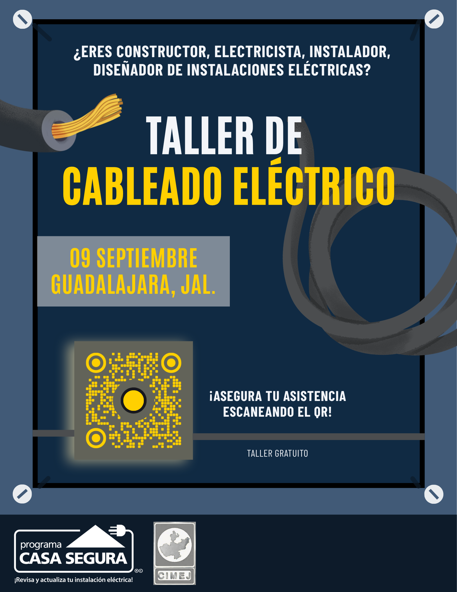 Taller de cableado eléctrico. Guadalajara, 9 de septiembre de 2026. Taller gratuito.